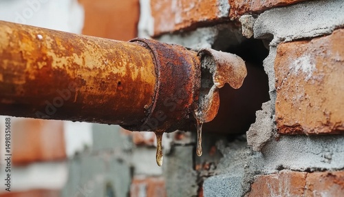 腐食した金属パイプと煉瓦の壁、漏水