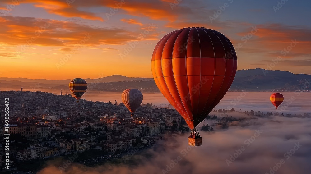 Obraz premium Aerial View of Hot Air Balloons Soaring Over a City at Sunrise