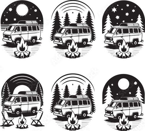 Tent Under Stars Camping Silhouette

Campfire by the Lake Vector Scene

Hiker Resting at Campsite Design

Family Camping Adventure Silhouette

Mountain Forest Camping Night Vector
