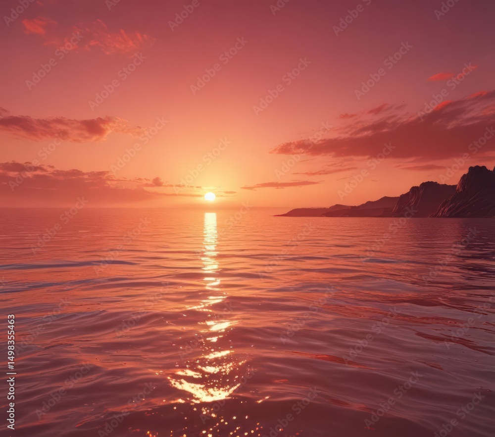 Obraz premium Crimson and rose sunset over tranquil horizon, a spectacular blend of warm colors , photographic, beauty