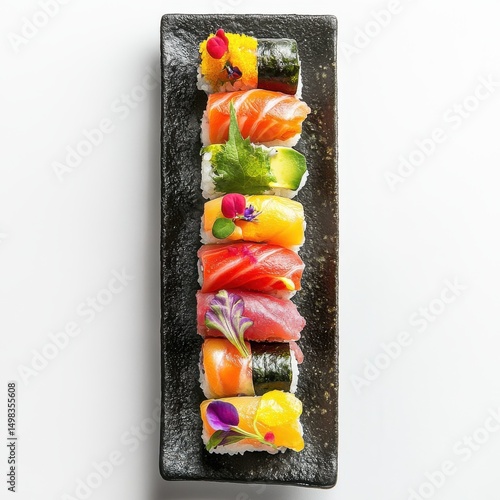 Assorted sushi pieces on black plate isolated on white background