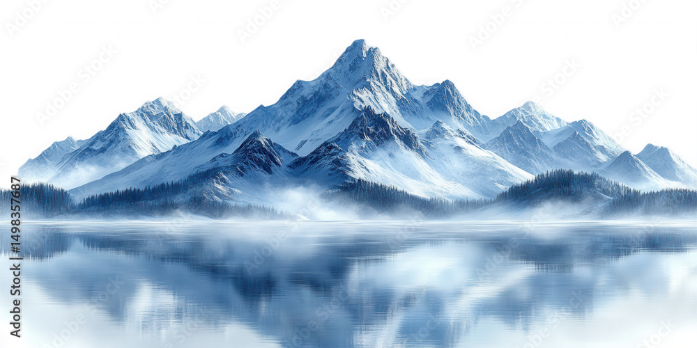 Majestic Snow Covered Mountains Reflected in a Calm Lake on transparent background Majestic Snow Covered Mountains Reflected in a Calm Lake on transparent background