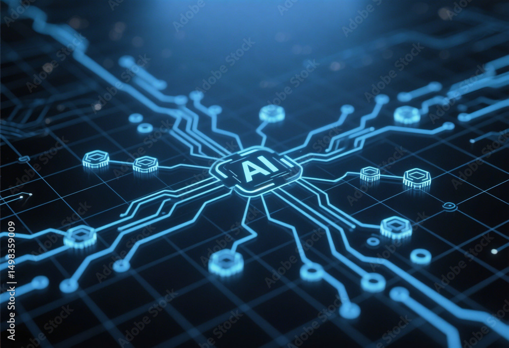 Obraz premium AI logo displayed on a circuit board, symbolizing the integration of artificial intelligence technology.