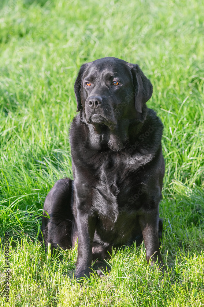 A Labrador Retriever dog sits on green grass. A Labrador Retriever dog sits on green grass.