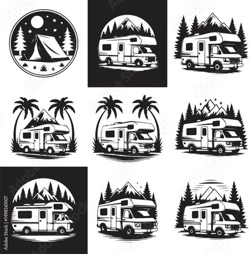 Vintage Campervan Adventure: A detailed graphic captures the essence of travel and freedom, a retro campervan is parked amidst trees under a vibrant sky, evoking a sense of wanderlust and exploration.