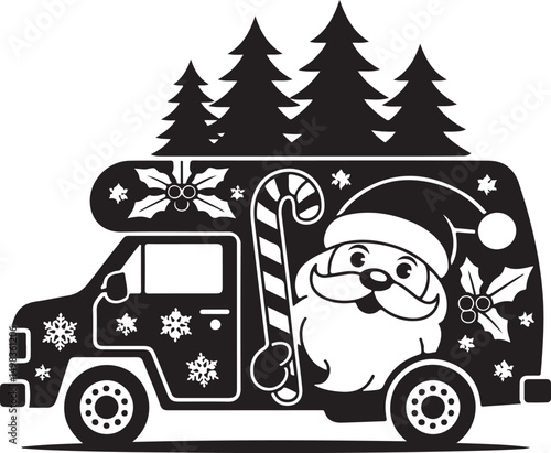 Vintage Campervan Adventure: A detailed graphic captures the essence of travel and freedom, a retro campervan is parked amidst trees under a vibrant sky, evoking a sense of wanderlust and exploration.