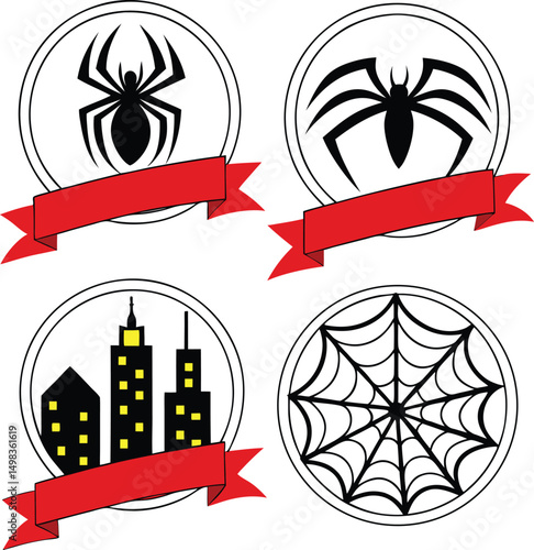 Four circular emblems featuring spiders, city skyline, and spider web with red ribbons below them