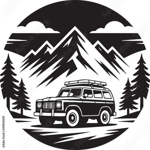 Vintage Campervan Adventure: A detailed graphic captures the essence of travel and freedom, a retro campervan is parked amidst trees under a vibrant sky, evoking a sense of wanderlust and exploration.