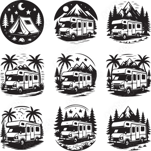 Vintage Campervan Adventure: A detailed graphic captures the essence of travel and freedom, a retro campervan is parked amidst trees under a vibrant sky, evoking a sense of wanderlust and exploration.