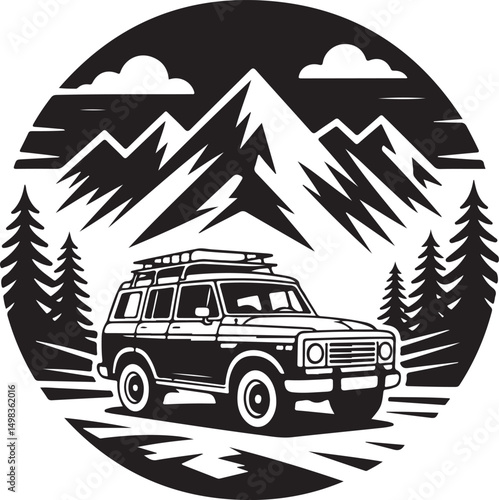 Vintage Campervan Adventure: A detailed graphic captures the essence of travel and freedom, a retro campervan is parked amidst trees under a vibrant sky, evoking a sense of wanderlust and exploration.