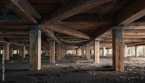 建物の基礎構造、木材とコンクリートの支柱、暗く神秘的な空間 (Building Foundation Structure, Wooden and Concrete Pillars, Dark and Mysterious Space)