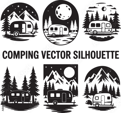 Vintage Campervan Adventure: A detailed graphic captures the essence of travel and freedom, a retro campervan is parked amidst trees under a vibrant sky, evoking a sense of wanderlust and exploration.