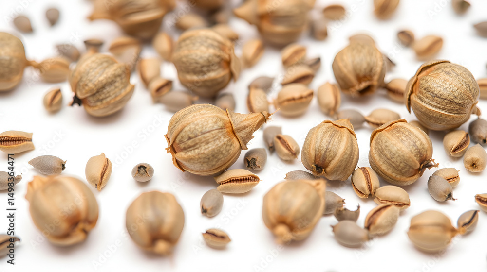 Close-Up of Dried Poppy Seed Pods on White Background Close-Up of Dried Poppy Seed Pods on White Background