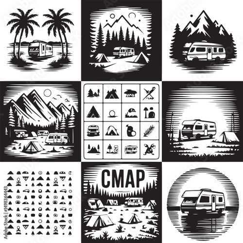 Vintage Campervan Adventure: A detailed graphic captures the essence of travel and freedom, a retro campervan is parked amidst trees under a vibrant sky, evoking a sense of wanderlust and exploration.