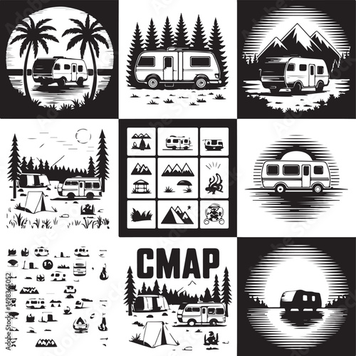 Vintage Campervan Adventure: A detailed graphic captures the essence of travel and freedom, a retro campervan is parked amidst trees under a vibrant sky, evoking a sense of wanderlust and exploration.