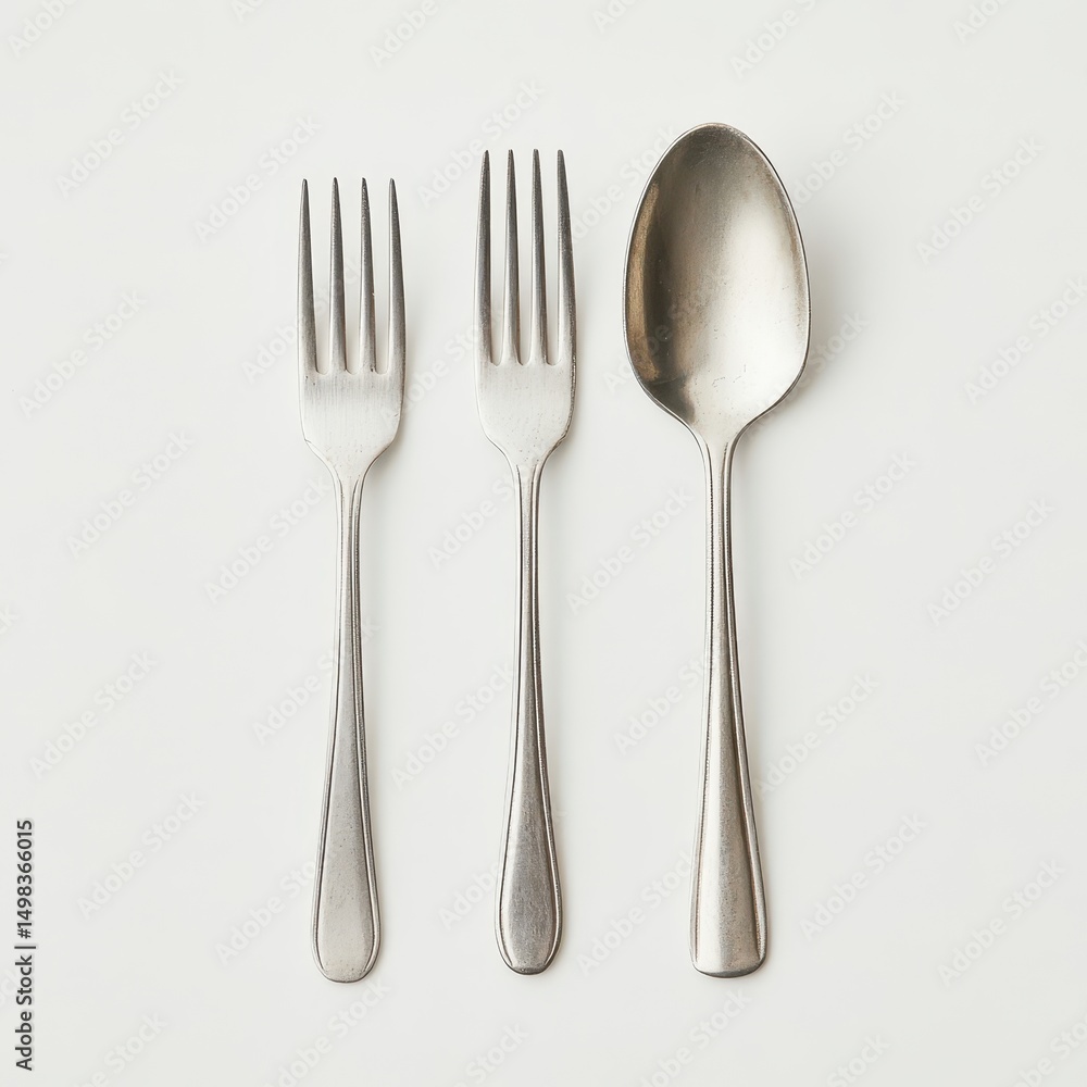 Two silver forks and a silver spoon arranged on a white background. The utensils are simple and elegant, suggesting a minimalist aesthetic Two silver forks and a silver spoon arranged on a white background. The utensils are simple and elegant, suggesting a minimalist aesthetic