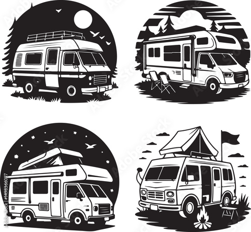 Vintage Campervan Adventure: A detailed graphic captures the essence of travel and freedom, a retro campervan is parked amidst trees under a vibrant sky, evoking a sense of wanderlust and exploration.