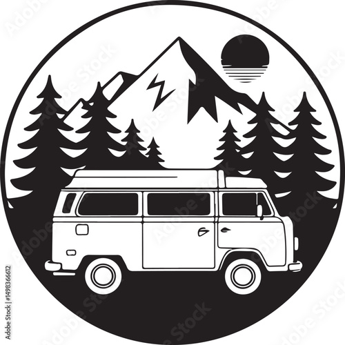 Vintage Campervan Adventure: A detailed graphic captures the essence of travel and freedom, a retro campervan is parked amidst trees under a vibrant sky, evoking a sense of wanderlust and exploration.