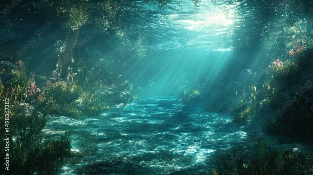 Fototapeta premium Ethereal underwater realm, sunbeams illuminating a serene aquatic environment