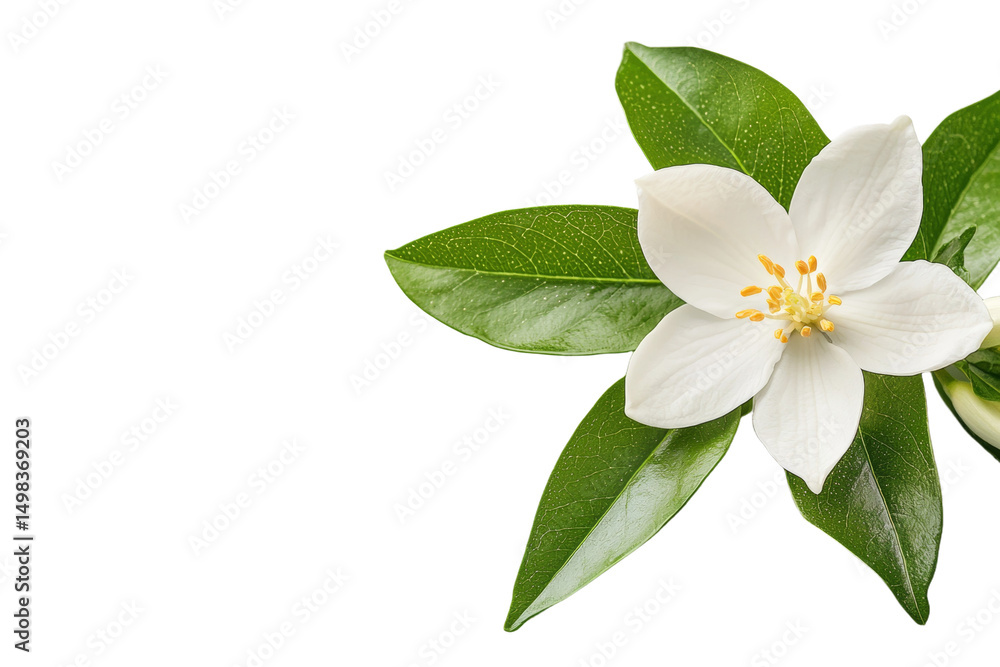 Obraz premium White flower with green leaves, isolated