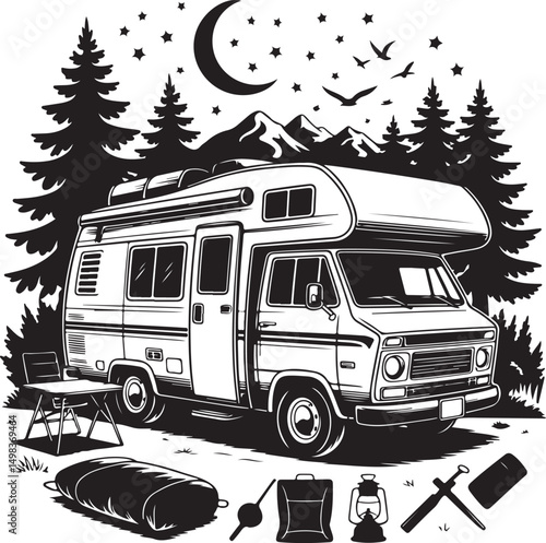 Vintage Campervan Adventure: A detailed graphic captures the essence of travel and freedom, a retro campervan is parked amidst trees under a vibrant sky, evoking a sense of wanderlust and exploration.