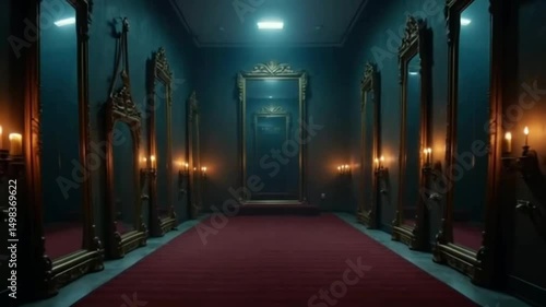 A long hallway with dark teal walls, ornate gold mirrors lining either side, and a dark red carpet creates a mysterious and elegant atmosphere, lit by candlelight sconces flanking each mirror.