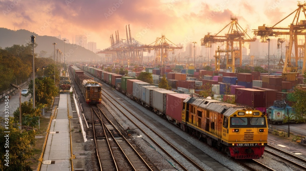 Fototapeta premium Freight train transportation port city industrial scene dusk light aerial view urban development