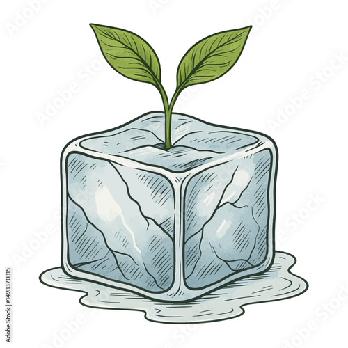 Ice Cube with Sprouting Plant Vector – Frozen Symbol of Quiet Growth