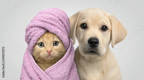 Cute kitten wrapped in pink towel with labrador puppy on gray background