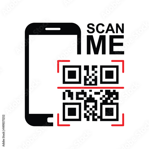 Vertical black smartphone silhouette on white background, centered QR code with highlighted framing squares and bold 'SCAN ME' text. Minimalist, clean, technical style conveying scanning action. Front