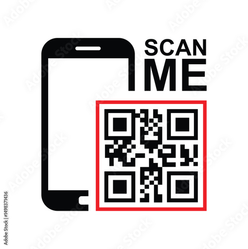 Vertical black smartphone silhouette on white background, centered QR code with highlighted framing squares and bold 'SCAN ME' text. Minimalist, clean, technical style conveying scanning action. Front