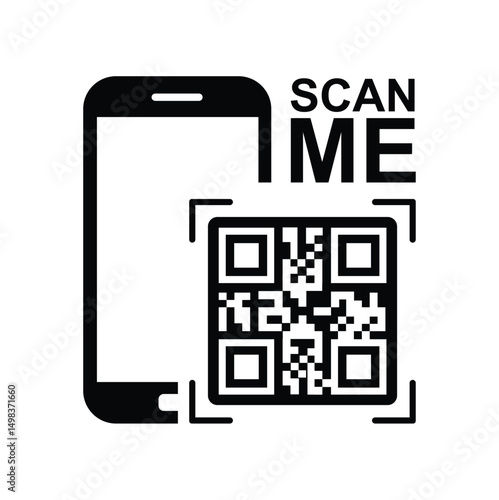 Vertical black smartphone silhouette on white background, centered QR code with highlighted framing squares and bold 'SCAN ME' text. Minimalist, clean, technical style conveying scanning action. Front