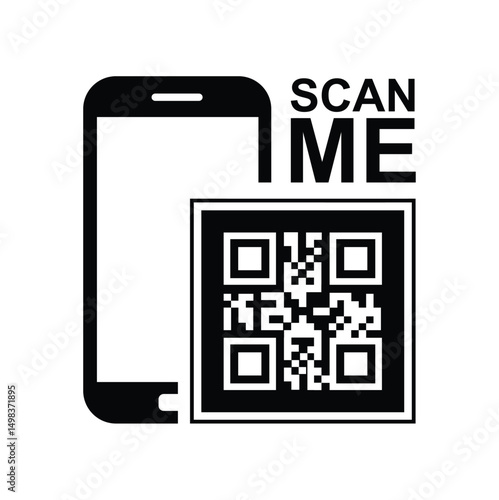 Vertical black smartphone silhouette on white background, centered QR code with highlighted framing squares and bold 'SCAN ME' text. Minimalist, clean, technical style conveying scanning action. Front
