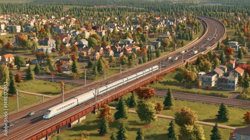 High-speed train traveling through scenic suburban landscape aerial view modern transport in nature