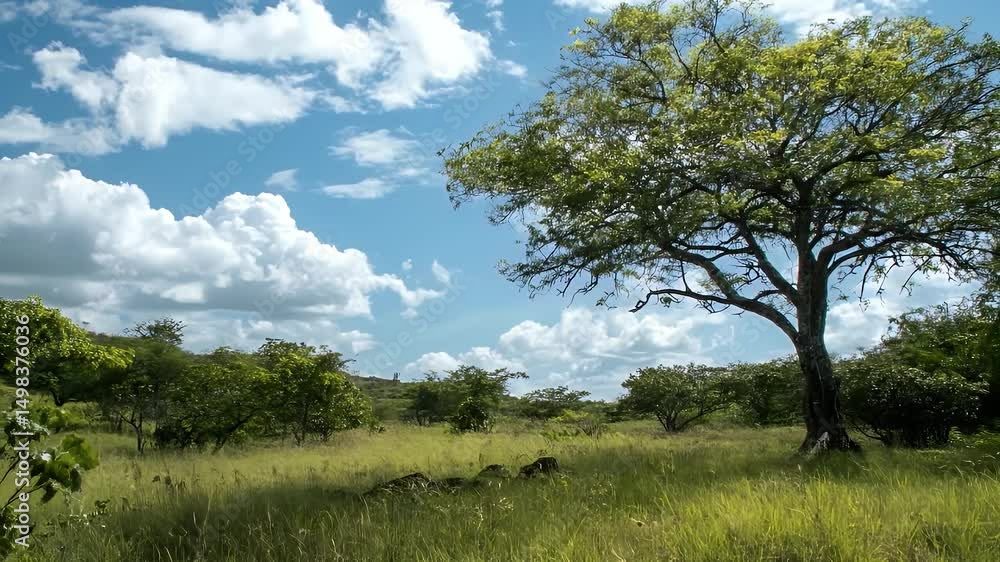Lush Green Meadow with Trees Under a Cloudy Blue Sky In Open Sunlight Field Lush Green Meadow with Trees Under a Cloudy Blue Sky In Open Sunlight Field