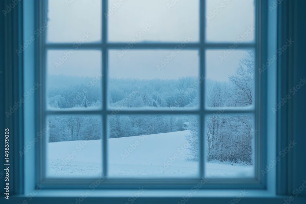 Fototapeta premium A serene winter landscape viewed through a window pane, showcasing snow-covered trees and fields.