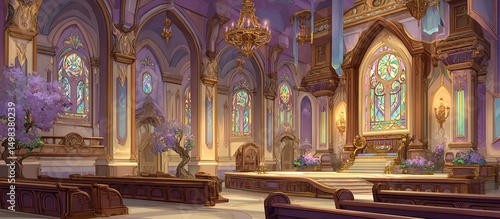 Elegant Church Interior With Stained Glass Windows