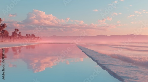 Pink Sunset Beach Reflection: Serene beach scene at sunset, featuring a calm ocean reflecting the soft pink and orange hues of the sky, palm trees silhouette against the vibrant sky.
