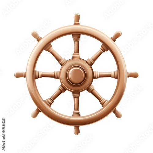 Old wooden ship steering wheel, isolated nautical boat helm for navigation on transparent background