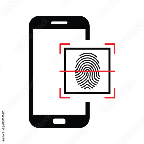 Minimalist vector icon of a black smartphone silhouette centered, screen displaying a black-and-white fingerprint with red strike-through. Clean, frontal view, no background. Bold red, white, and blac