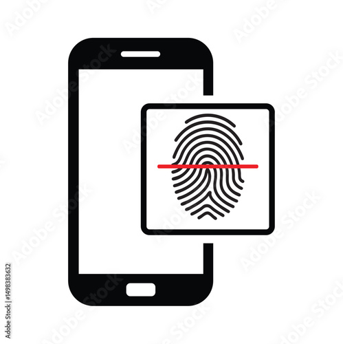 Minimalist vector icon of a black smartphone silhouette centered, screen displaying a black-and-white fingerprint with red strike-through. Clean, frontal view, no background. Bold red, white, and blac
