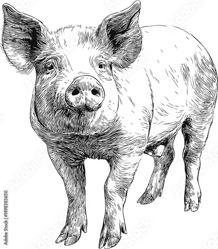 Black and white line drawing of a pig with detailed texture sketch. Vector illustration