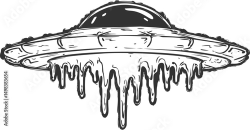 Black and white illustration of melting ufo with dripping details. Vector illustration