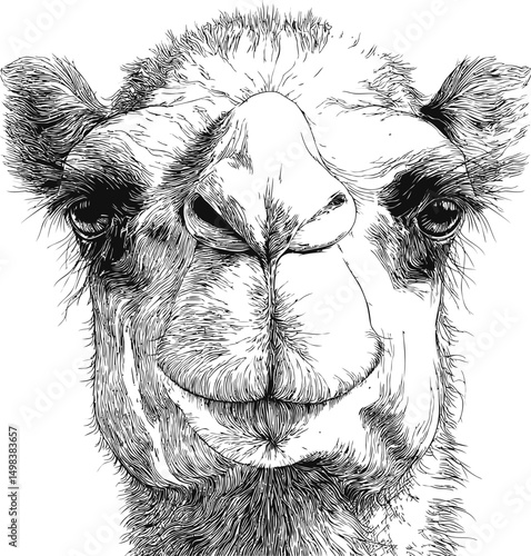 Detailed black and white sketch of a camel face showing intricate fur texture. Vector illustration