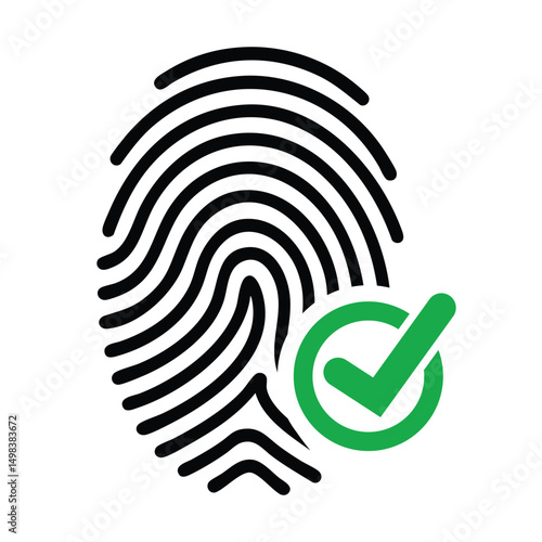 Stylized black fingerprint with a green checkmark circle, symbolizing secure biometric authentication and digital identity verification. Modern tech concept.