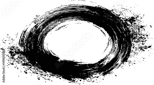 Black brushstroke circle with grunge splatter on white background, ink art. Vector illustration