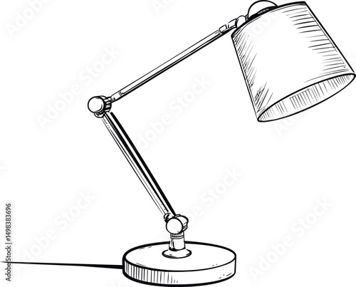 Black and white sketch of adjustable desk lamp with detailed shading. Vector illustration