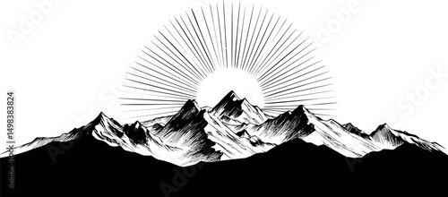 Sunrise over sketchy mountain range with detailed sun rays pattern. Vector illustration