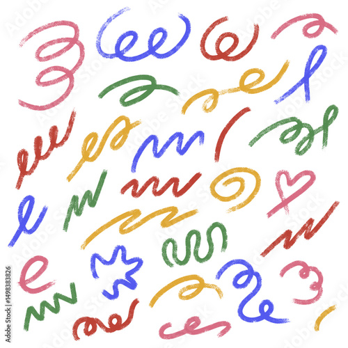 Grunge chalk textured bold wavy lines set. Brush stroke squiggly symbols. Pencil charcoal freehand swirl underline. Scribble curve loop sketch. Doodle hand drawn swish isolated vector illustration