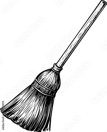 Black and white illustration of a classic straw broom with textured handle. Vector illustration